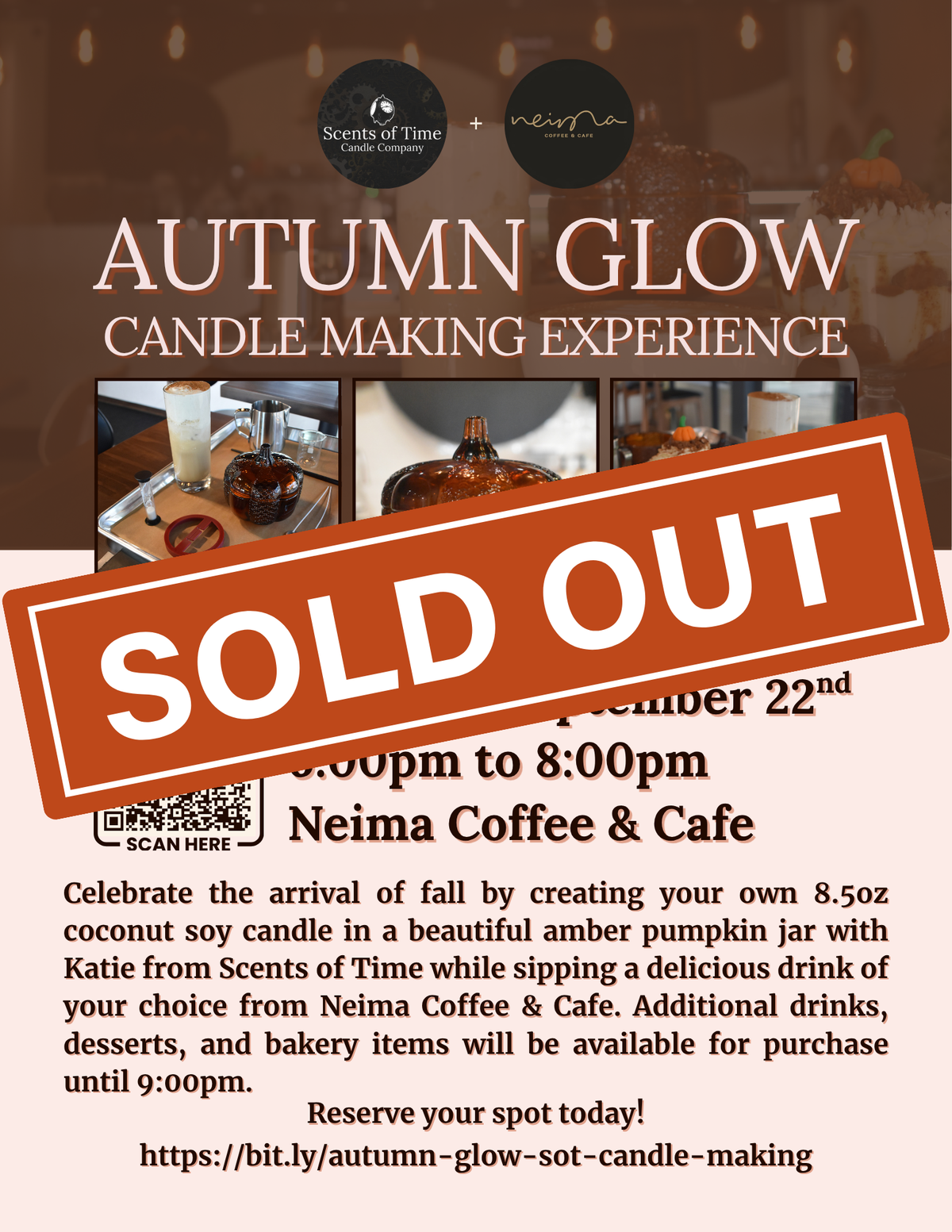 Promotional flyer for an 'Autumn Glow Candle Making Experience' featuring a large amber pumpkin jar, a tray of candles, and coffee cups, with event details for Neima Coffee & Cafe on Tuesday, September 22nd with a Sold-Out orange banner across the middle.