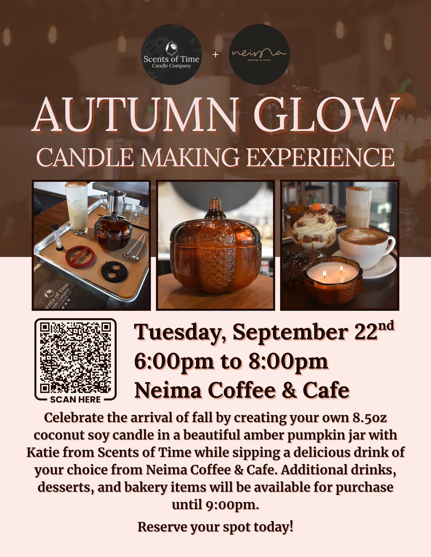 Promotional flyer for an 'Autumn Glow Candle Making Experience' featuring a large amber pumpkin jar, a tray of candles, and coffee cups, with event details for Neima Coffee & Cafe on Tuesday, September 22nd.